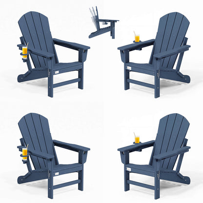 EROMMY 3-Position Adjustable Adirondack Chairs Set of 4, 400LBS HDPE Folding Outdoor Chairs with Cup Holder, Navy Blue