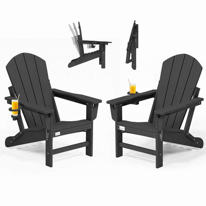 EROMMY 3-Position Adjustable Adirondack Chairs Set of 2, 400LBS HDPE Folding Outdoor Chairs with Cup Holder, Black