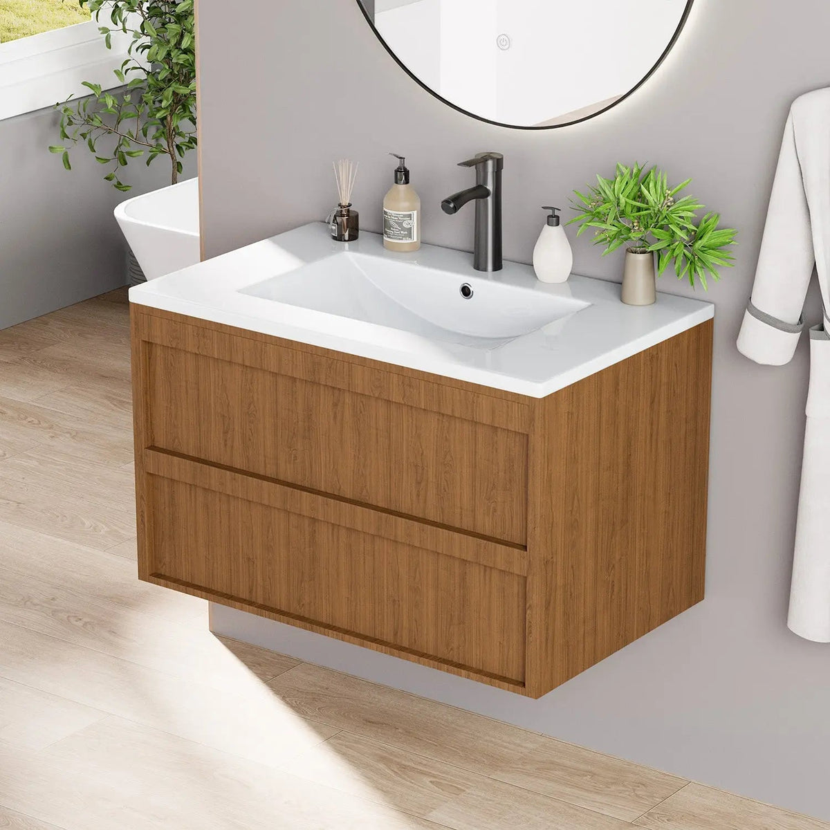 EROMMY 30 Inch Bathroom Vanity with Sink, Floating Bathroom Vanity with 2 Large Storage Drawers, Wood Grain Wall Mounted Bathroom Cabinet, Walnut