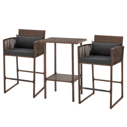EROMMY 3-Piece Patio Wicker Bar Set, Rattan Bar Table & Stools with Cushion Covers (Blue/Gray)