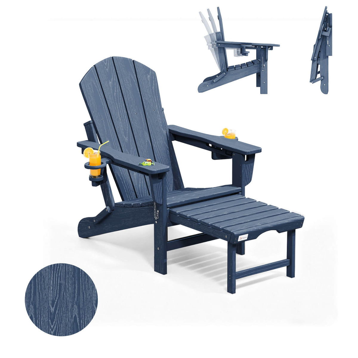 EROMMY 3-Level  Adjustable Adirondack Chair with Retractable Ottoman, Folding HDPE Outdoor Chair with Cup Holders, Navy Blue