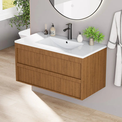 EROMMY 36 Inch Bathroom Vanity with Sink, Floating Bathroom Vanity with 2 Large Storage Drawers, Wood Grain Wall Mounted Bathroom Cabinet, Walnut