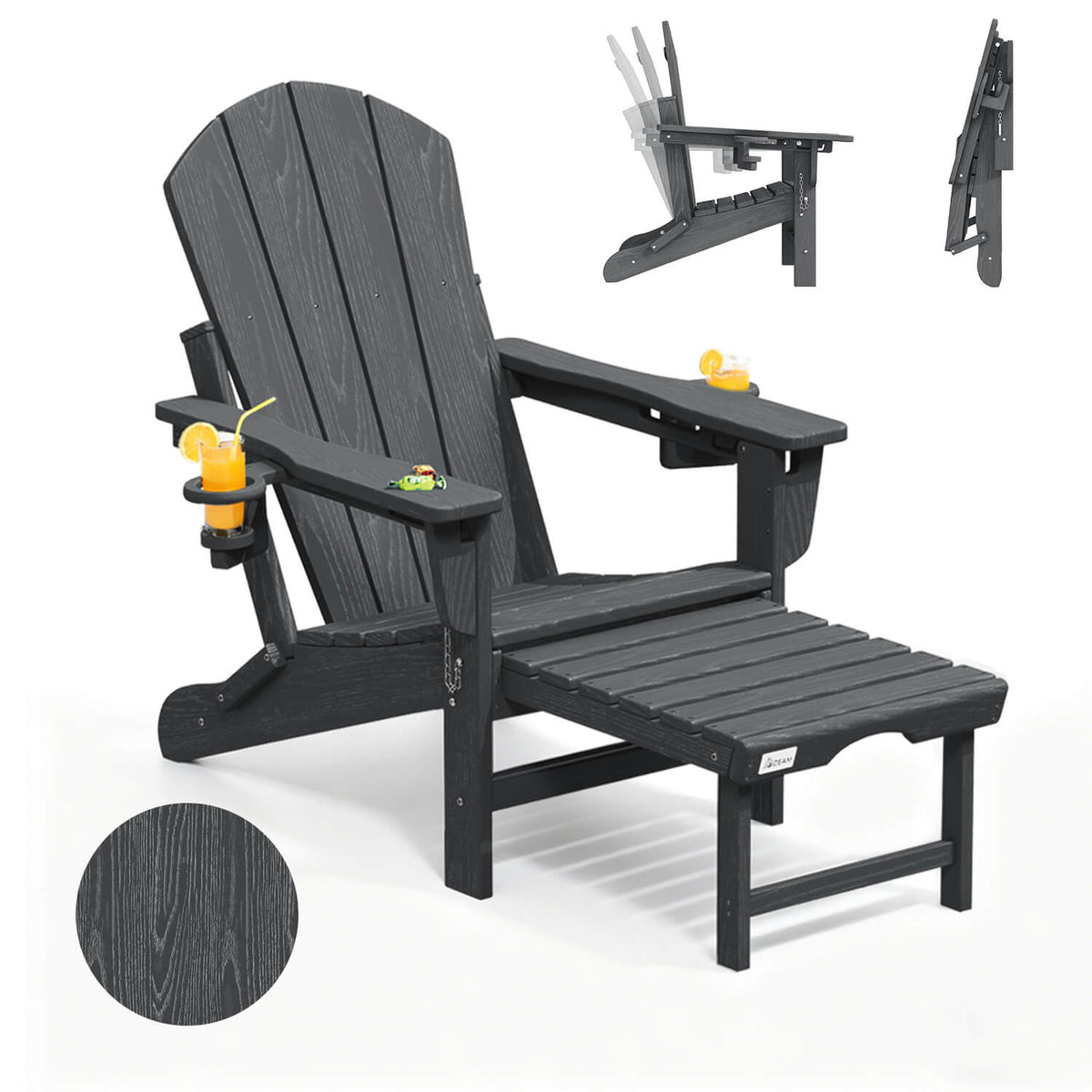EROMMY 3-Level  Adjustable Adirondack Chair with Retractable Ottoman, Folding HDPE Outdoor Chair with Cup Holders, Gray