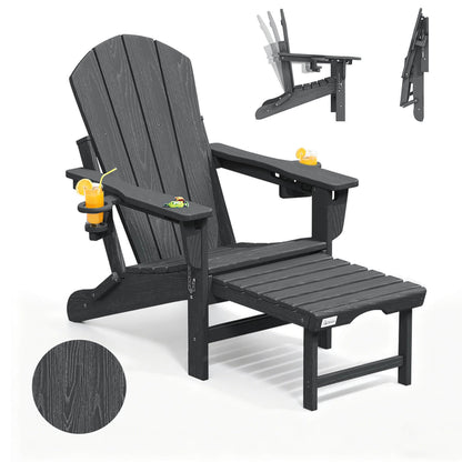 EROMMY 3-Level  Adjustable Adirondack Chair with Retractable Ottoman, Folding HDPE Outdoor Chair with Cup Holders, Gray