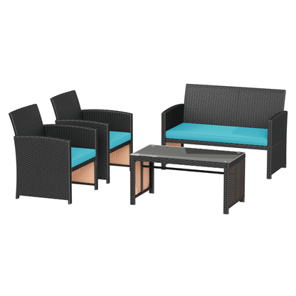 EROMMY 4-Piece Patio Furniture Set, Outdoor Wicker Patio Conversation Set with Cushions, Sofa & Glass Coffee Table, Blue