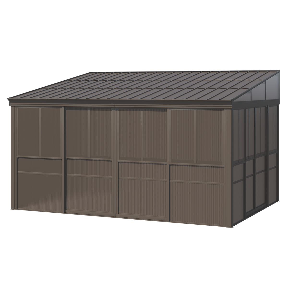 EROMMY 12 x 14 FT Wall-Mounted Gazebo, All-season Aluminum Patio Gazebo With Side Door, Outdoor Permanent Sunroom, Brown