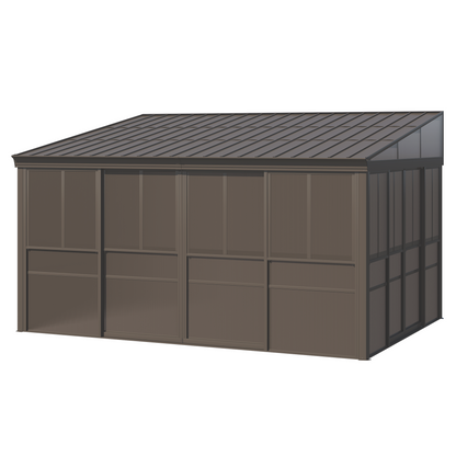 EROMMY 12 x 14 FT Wall-Mounted Gazebo, All-season Aluminum Patio Gazebo With Side Door, Outdoor Permanent Sunroom, Brown
