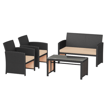 EROMMY 4-Piece Patio Furniture Set, Outdoor Wicker Patio Conversation Set with Cushions, Sofa & Glass Coffee Table, Khaki