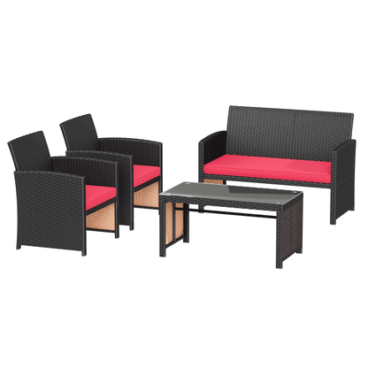 EROMMY 4-Piece Patio Furniture Set, Outdoor Wicker Patio Conversation Set with Cushions, Sofa & Glass Coffee Table, Red