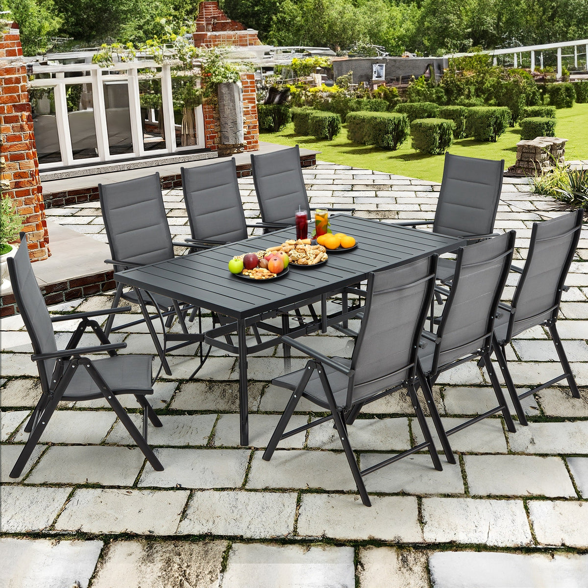 EROMMY 9-Piece Patio Dining Set: Durable Aluminum Chairs & Metal Table, All-Weather Outdoor Furniture(Dark Gray)