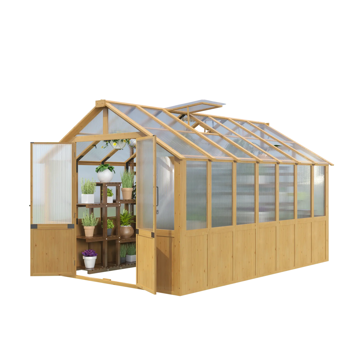 EROMMY 8x12 FT Wooden Greenhouse for Outdoors, Large Walk-in Greenhouse Kit with 4mm Polycarbonate Panels, Adjustable Roof Vent, Lockable Door, Outdoor Greenhouse for Backyard Garden