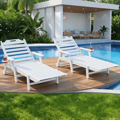 EROMMY 24" W Oversized Chaise Lounge Chairs Set of 2, Adjustable HDPE Outdoor Chairs with Wheels & Cup Holder, White