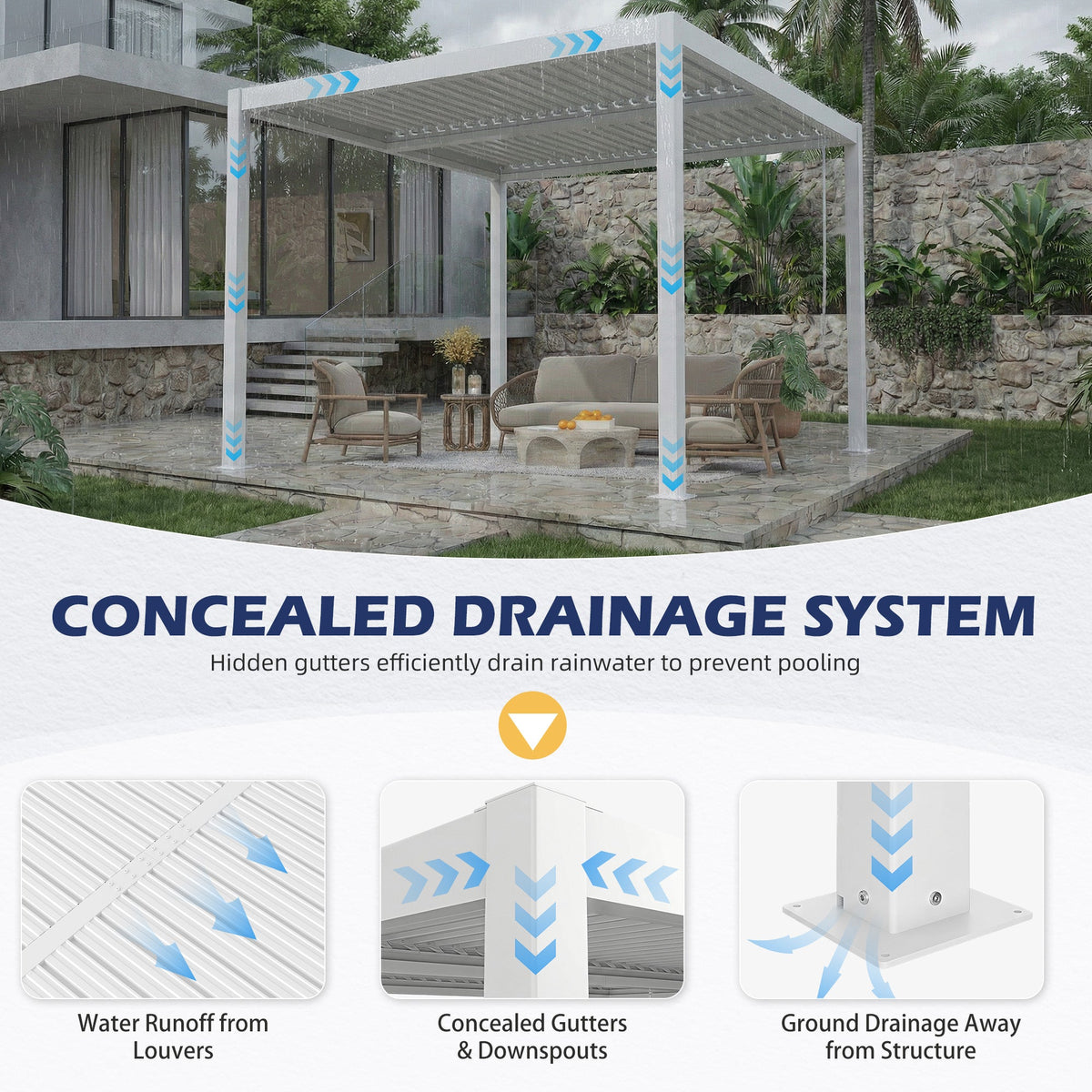EROMMY 10' x 10' Outdoor Pergola with Adjustable Louvered Roof & Integrated Drainage, White