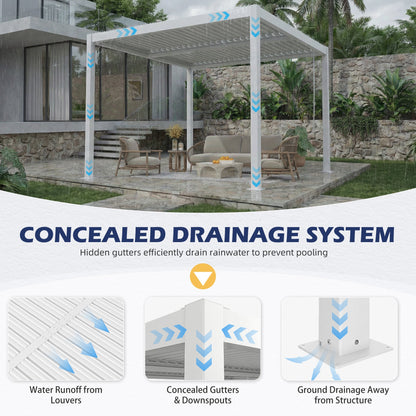 EROMMY 10' x 10' Outdoor Pergola with Adjustable Louvered Roof & Integrated Drainage, White