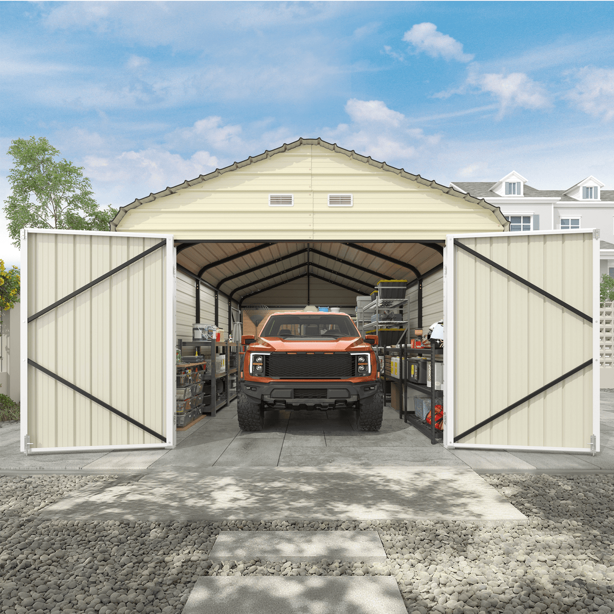EROMMY 12x24 FT Heavy Duty Carport - Galvanized Steel Frame Car Shelter with Reinforced Base, Enclosed Storage Shed for Cars & Trucks, Beige