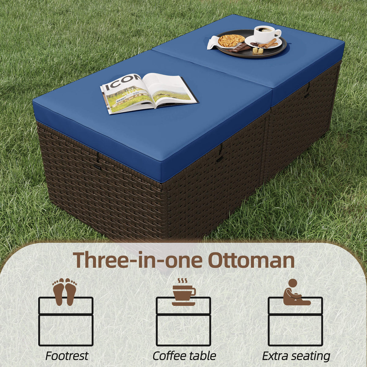 EROMMY 2 Piece All-Weather Outdoor Wicker Ottoman, Patio Footrest & Extra Seat with Thick Cushion (Navy Blue)