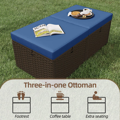 EROMMY 2 Piece All-Weather Outdoor Wicker Ottoman, Patio Footrest & Extra Seat with Thick Cushion (Navy Blue)