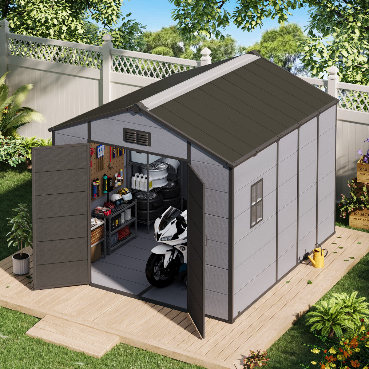 Erommy 8x10 FT Outdoor Storage Shed, Weather-Resistant Shed with Lockable Double Doors & Built-In Floor, Sloped Roof Outdoor Shed for Backyard, Patio & Lawn, Black