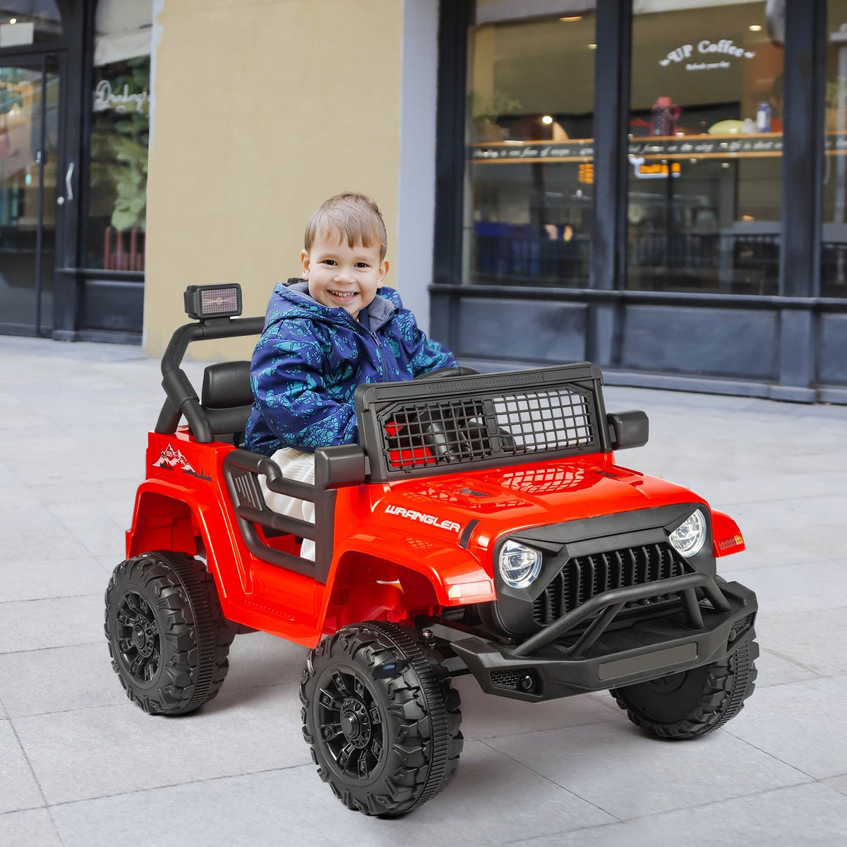 EROMMY 12V Kids Electric Ride On Truck with Remote Control, Safety Belt, Music, Lights and Suspension, Red