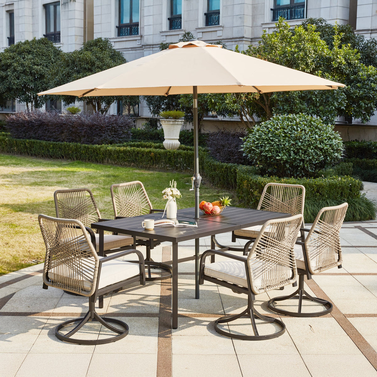 EROMMY Swivel Patio Chairs Set of 4, Outdoor Rattan Dining Chairs with Thickened Cushions, Beige