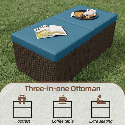 EROMMY 3 Piece Patio Furniture Set, Outdoor Wicker Ottoman & Coffee Table Set, 2 Cushioned Footrests with 1 Patio Side Table (Turquoise)