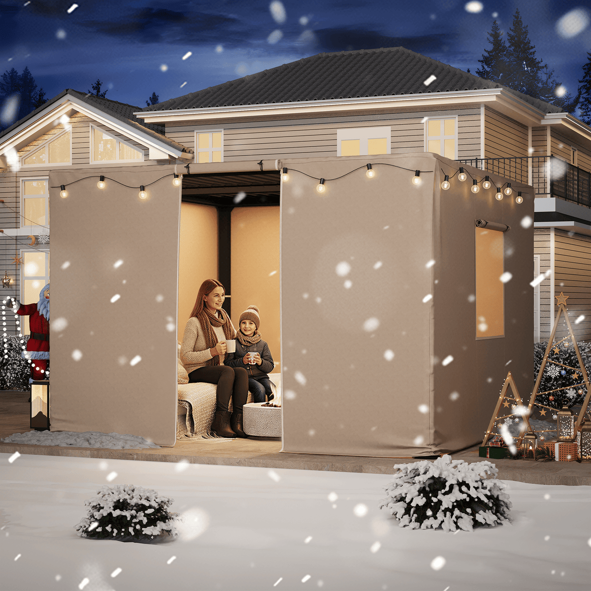 Erommy 12FT X 12FT Pergola Winter Cover,  All-Season Pergola Accessory, Outdoor Pergola Cover with Sidewalls and Mesh Windows, Waterproof Enclosure for Weather Protection, Fits Most Pergola Sizes, Beige