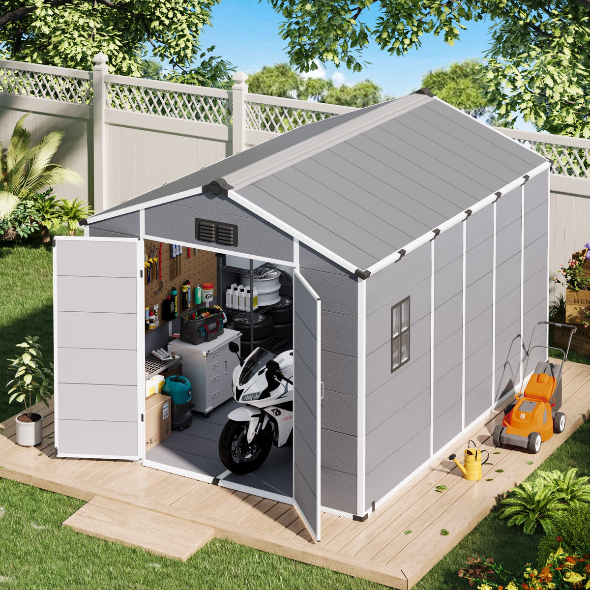 Erommy 8x12 FT Outdoor Storage Shed, Weather-Resistant Shed with Lockable Double Doors & Built-In Floor, Sloped Roof Outdoor Shed for Backyard, Patio & Lawn, Gray
