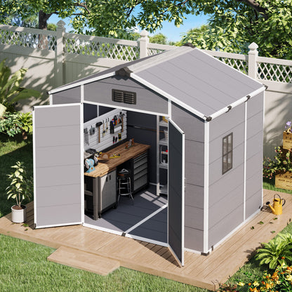 Erommy 8x6 FT Outdoor Storage Shed, Weather-Resistant Shed with Lockable Double Doors & Built-In Floor, Sloped Roof Outdoor Shed for Backyard, Patio & Lawn, Gray