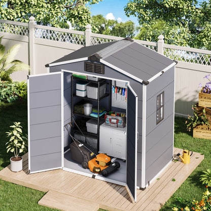 Erommy 6x4 FT Outdoor Storage Shed, Weather-Resistant Shed with Lockable Double Doors & Built-In Floor, Sloped Roof Outdoor Shed for Backyard, Patio & Lawn, Gray