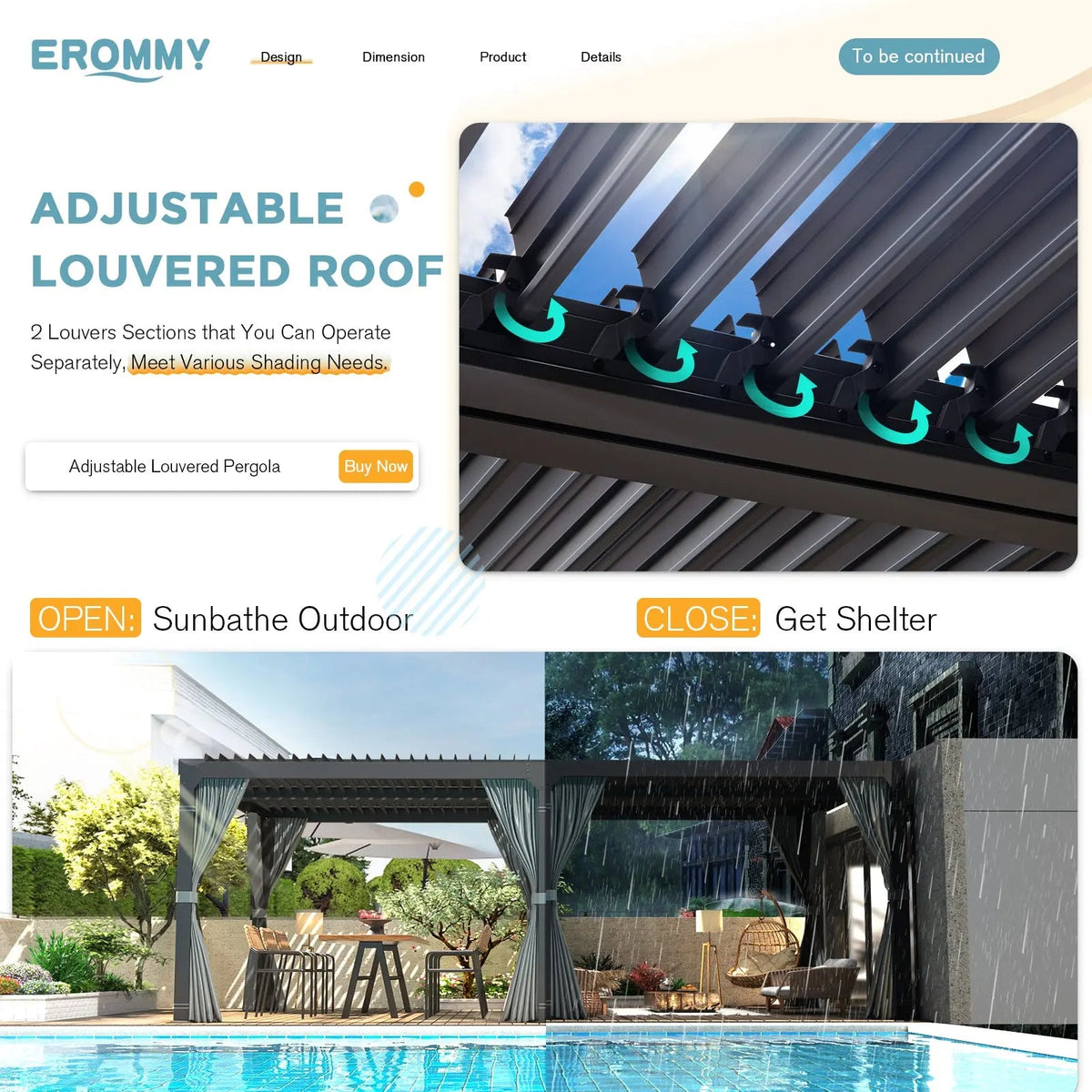 EROMMY 10x20 Metal Louvered Pergola with Outdoor Curtains (Dark Grey)