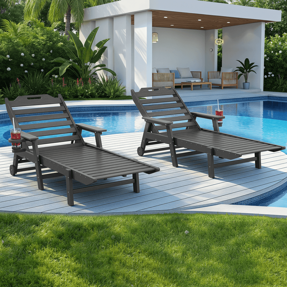 EROMMY 24" W Oversized Chaise Lounge Chairs Set of 2, Adjustable HDPE Outdoor Chairs with Wheels & Cup Holder, Dark Grey