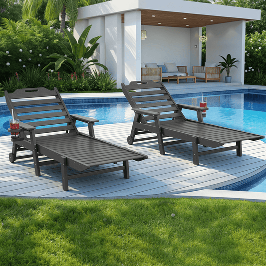 EROMMY 24" W Oversized Chaise Lounge Chairs Set of 2, Adjustable HDPE Outdoor Chairs with Wheels & Cup Holder, Dark Grey