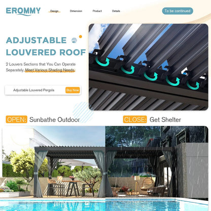 EROMMY 10x20 Metal Louvered Pergola with Outdoor Curtains, Dark Grey