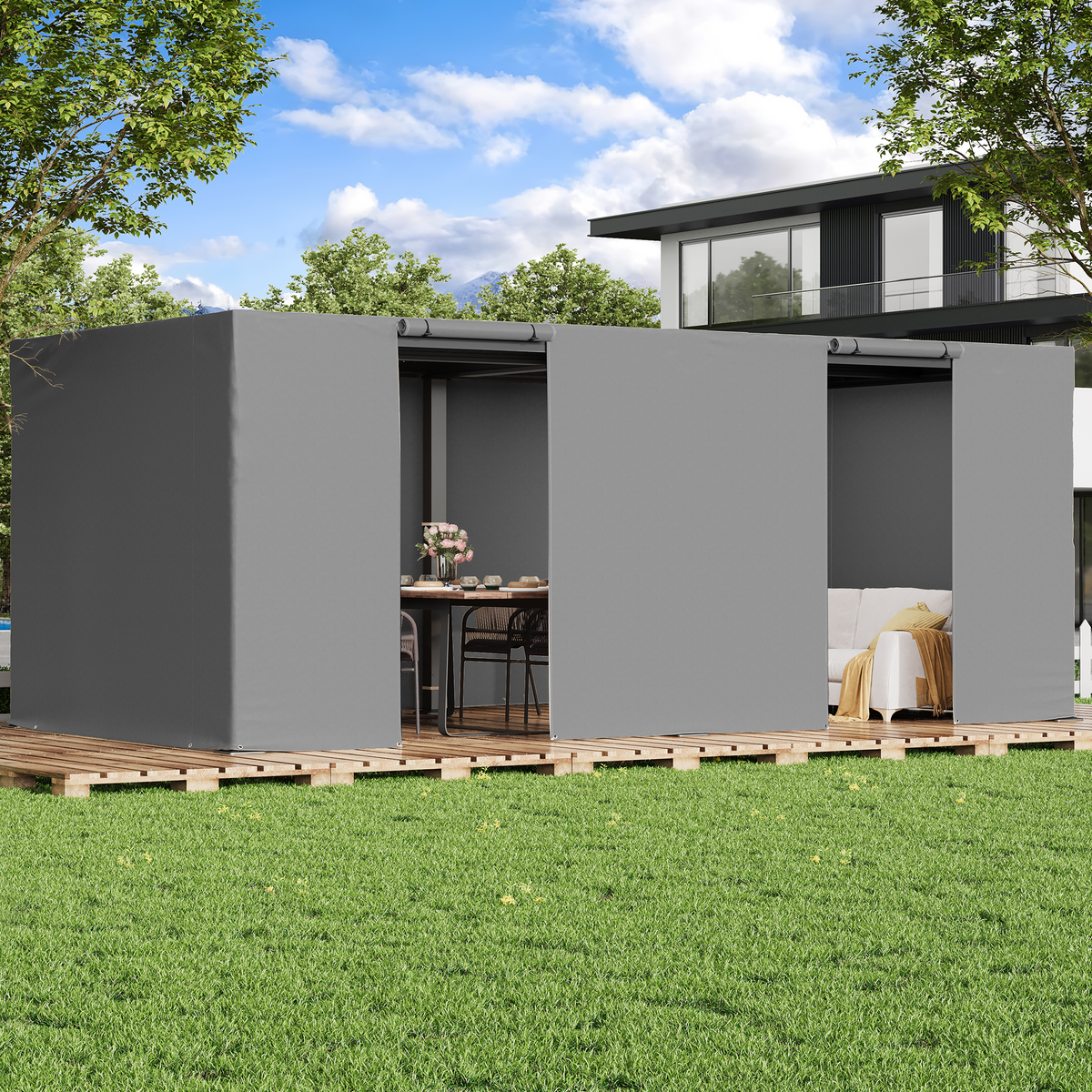 12FT X 20FT Pergola Winter Cover,  All-Season Pergola Accessory, Outdoor Pergola Cover with Sidewalls and Mesh Windows, Waterproof Enclosure for Weather Protection, Fits Most Pergola Size, Gray