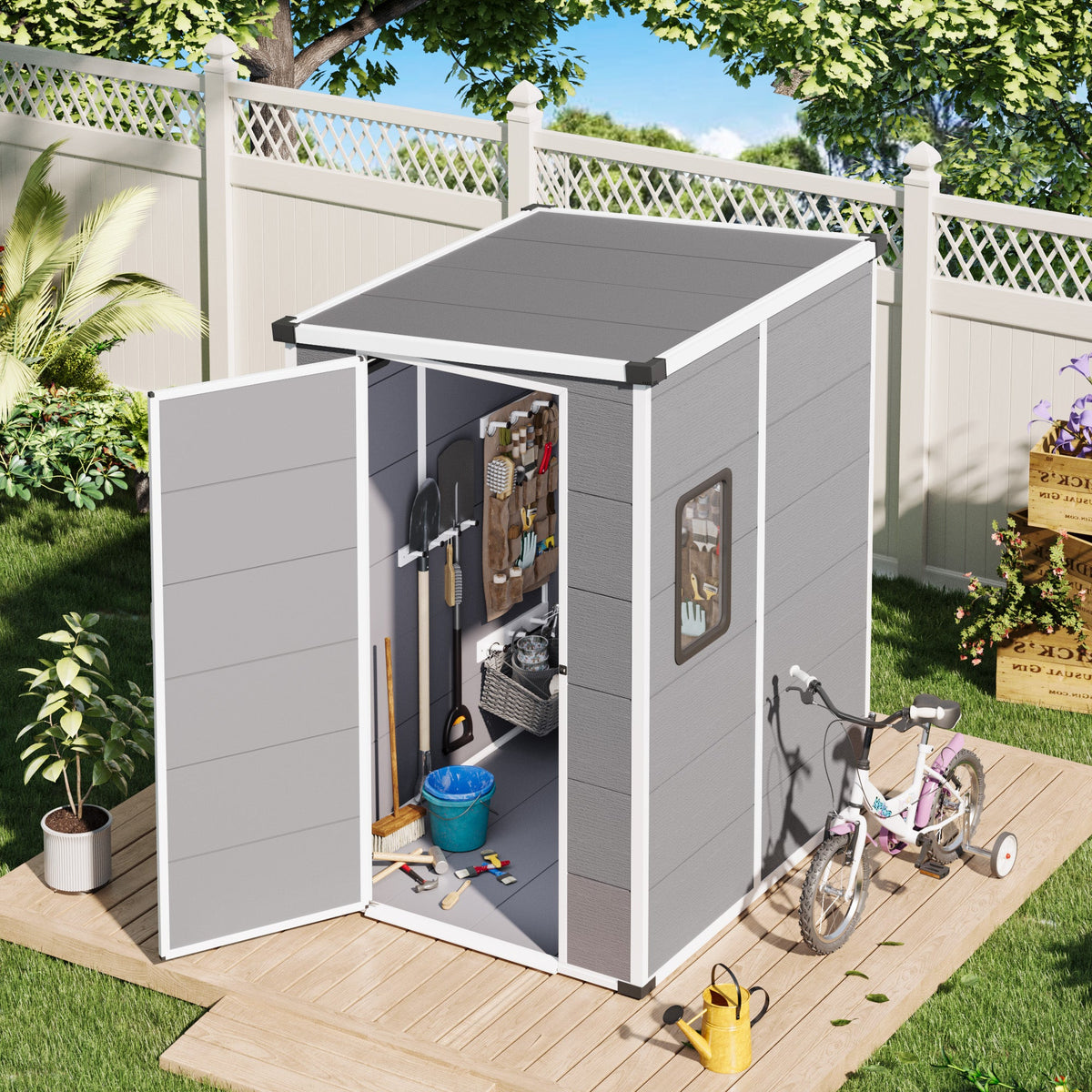 Erommy 4x5 FT Outdoor Storage Shed, Weather-Resistant Shed with Lockable Doors & Built-In Floor, Sloped Roof Outdoor Shed for Backyard, Patio & Lawn, Gray