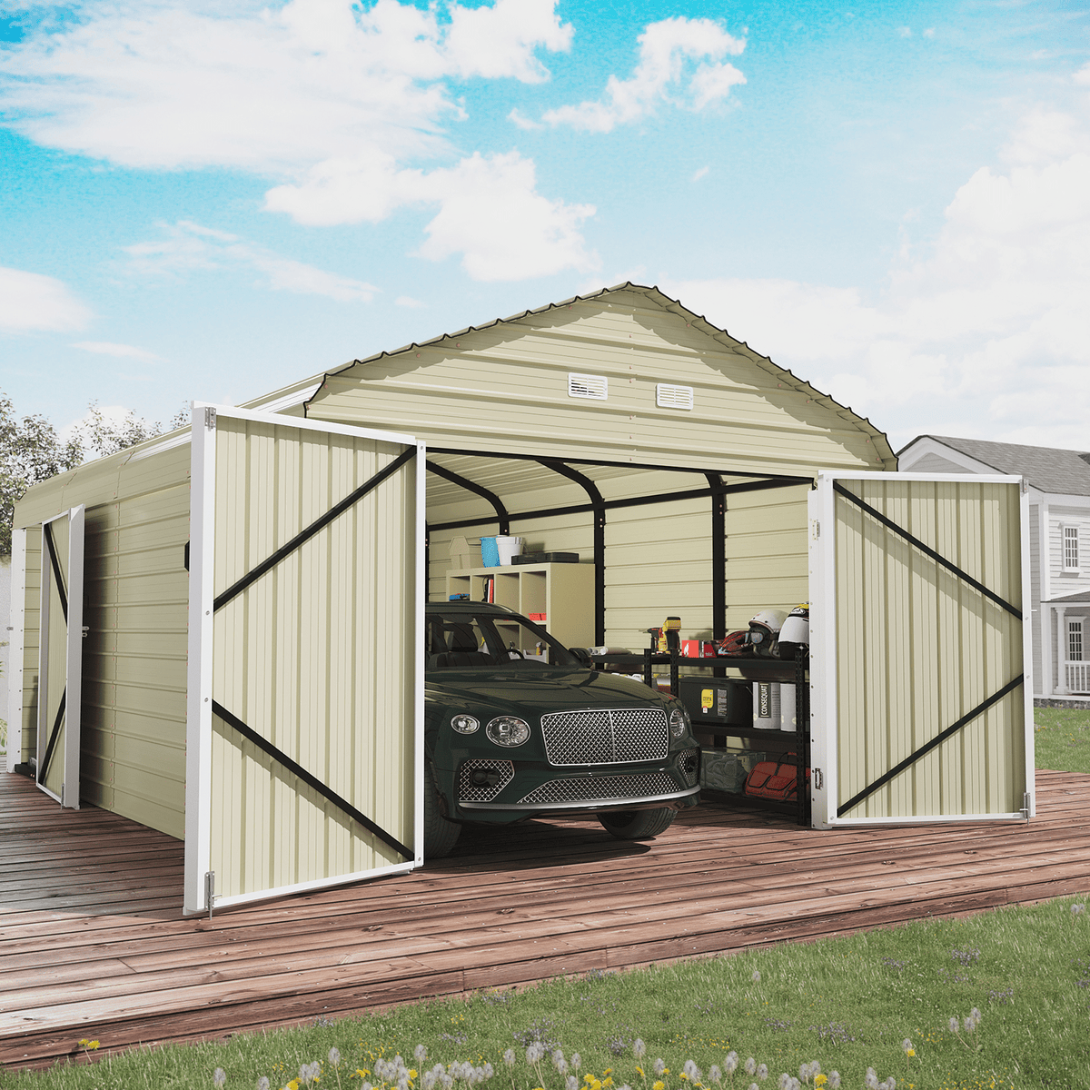 EROMMY 12x20 FT Heavy Duty Carport - Galvanized Steel Frame Car Shelter with Reinforced Base, Enclosed Storage Shed for Cars & Trucks, Beige