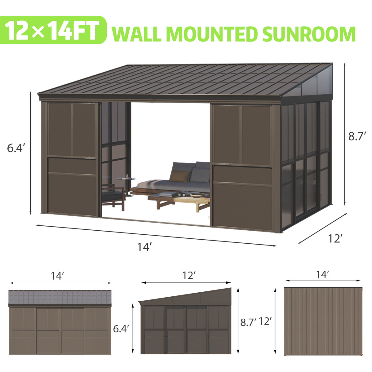 EROMMY 12 x 14 FT Wall-Mounted Gazebo, All-season Aluminum Patio Gazebo With Side Door, Outdoor Permanent Sunroom, Brown