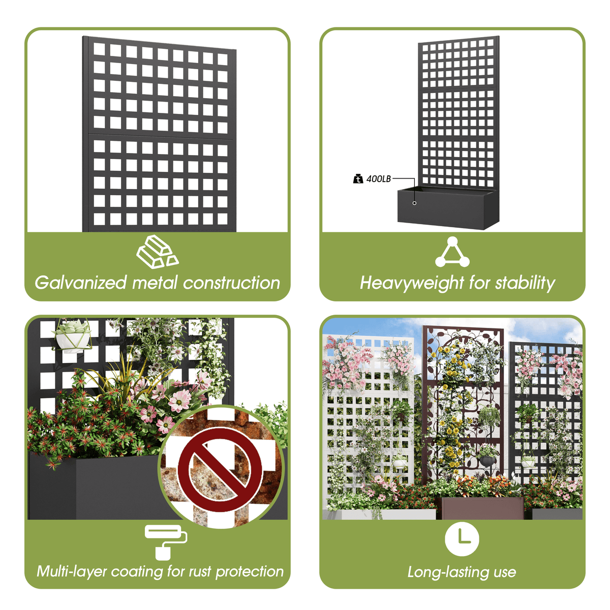 EROMMY Metal Planter Box with Trellis, 71"x 35"x 16" Raised Garden Bed with Trellis, Planter Box Trellis with Privacy Screen and Drainage Holes, Black