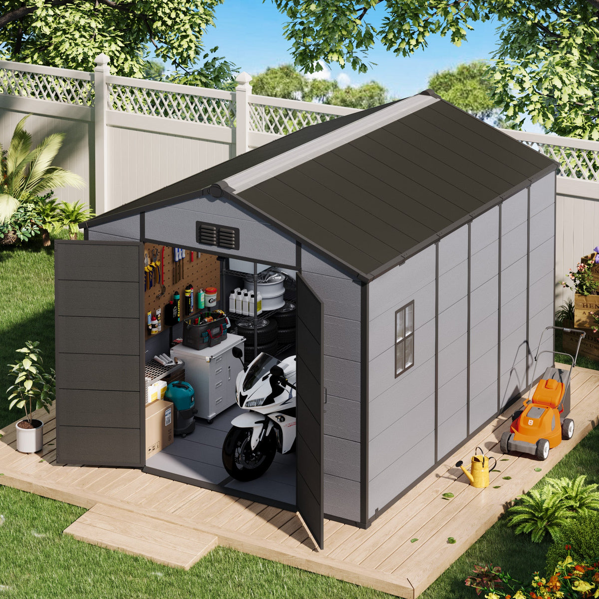 Erommy 8x12 FT Outdoor Storage Shed, Weather-Resistant Shed with Lockable Double Doors & Built-In Floor, Sloped Roof Outdoor Shed for Backyard, Patio & Lawn, Black