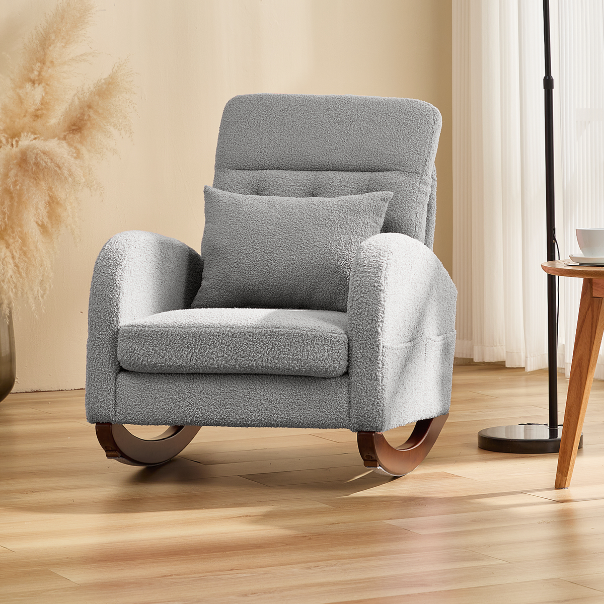 EROMMY Solid Wood Rocking Chair with Cushion & Blanket, Gray, Low Legs