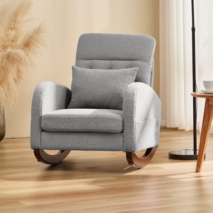 EROMMY Solid Wood Rocking Chair with Cushion & Blanket, Gray, Low Legs