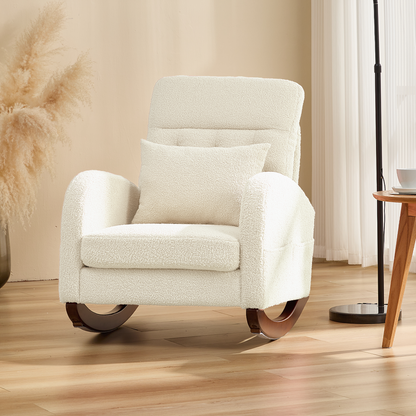 EROMMY Solid Wood Rocking Chair with Cushion & Blanket, Beige, Low Legs