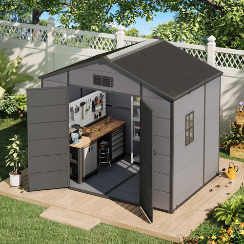 8x6 FT Outdoor Storage Shed, Weather-Resistant Shed with Lockable Double Doors & Built-In Floor, Sloped Roof Outdoor Shed for Backyard, Patio & Lawn, Black