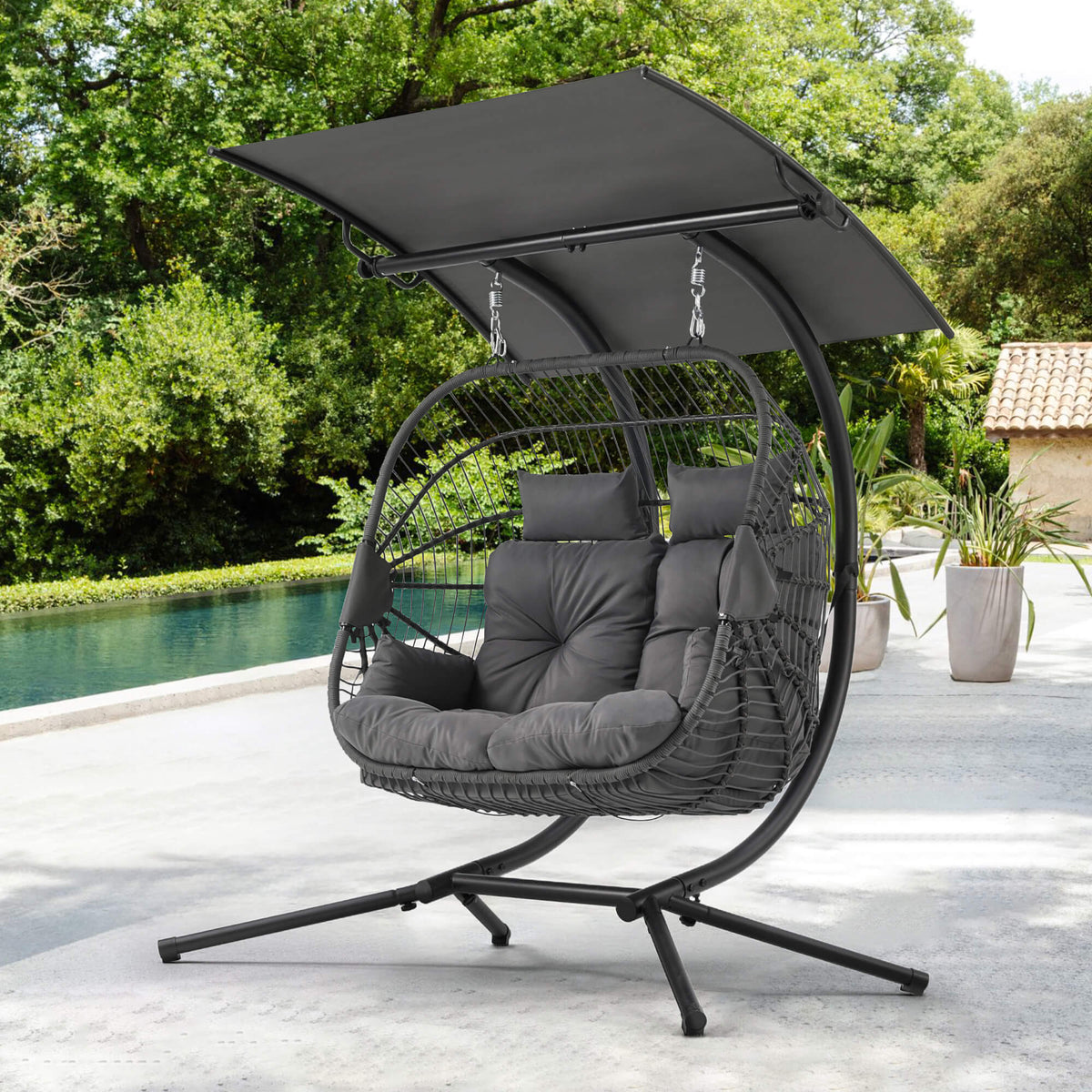 EROMMY Double Hanging Egg Chair with Stand and Extra Cushion, Gray