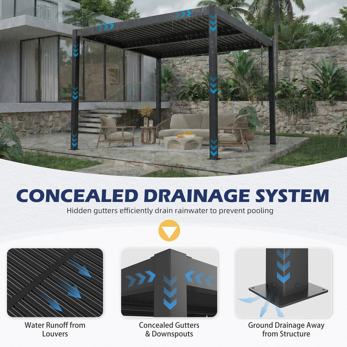 EROMMY 10' x 10' Outdoor Pergola with Adjustable Louvered Roof & Integrated Drainage, Black