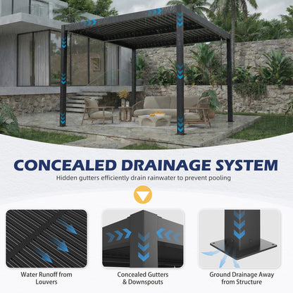 EROMMY 10' x 10' Outdoor Pergola with Adjustable Louvered Roof & Integrated Drainage, Black