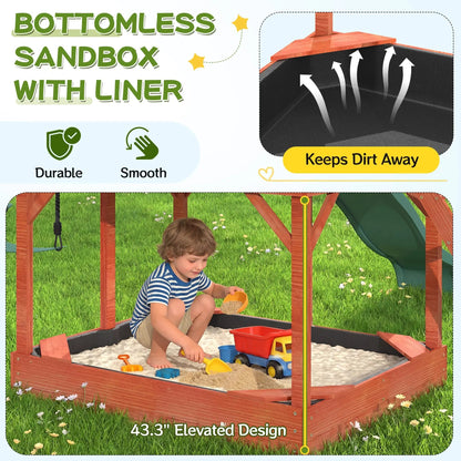 EROMMY Kids Outdoor Wooden Swing Set with Elevated Playhouse, Wave Slide, Belt Swings and Sandbox