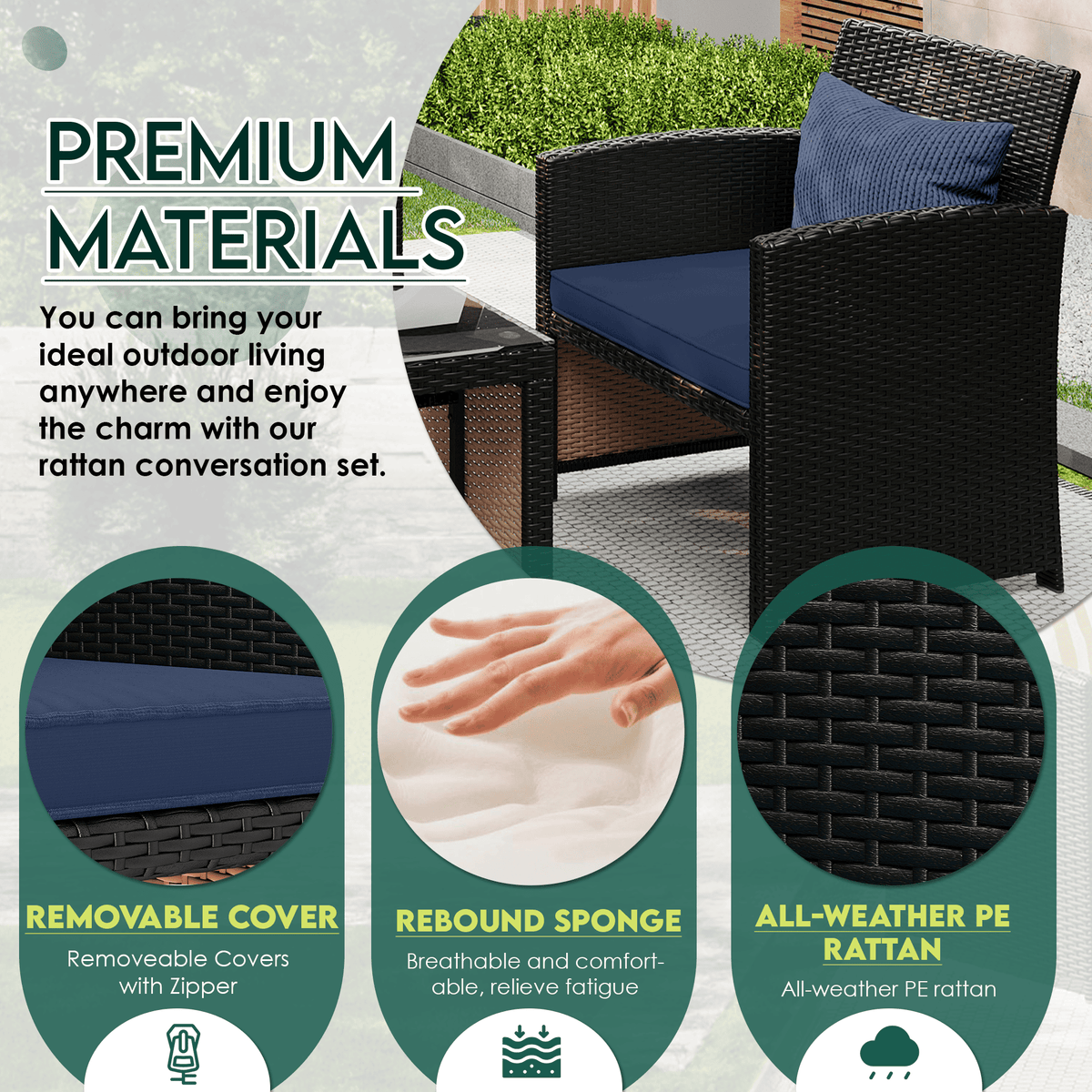 EROMMY 4-Piece Patio Furniture Set, Outdoor Wicker Patio Conversation Set with Cushions, Sofa & Glass Coffee Table, Navy Blue