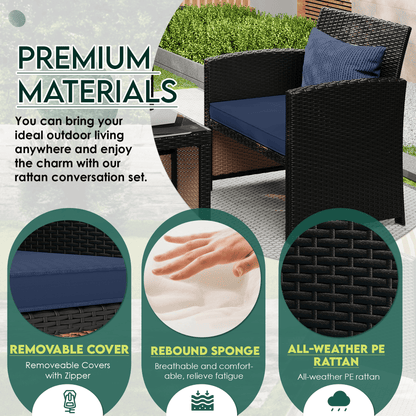 EROMMY 4-Piece Patio Furniture Set, Outdoor Wicker Patio Conversation Set with Cushions, Sofa & Glass Coffee Table, Navy Blue