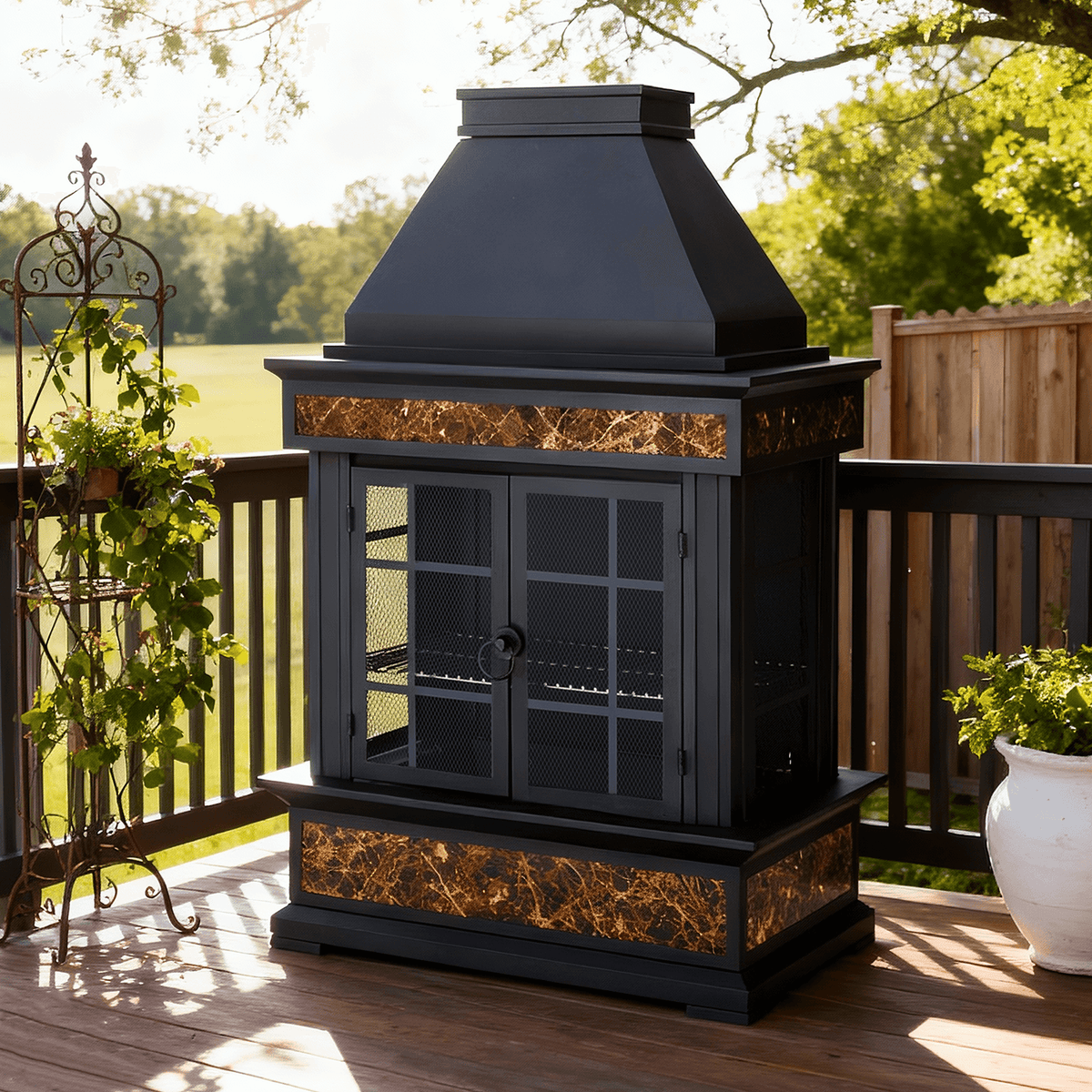 EROMMY 57" Outdoor Fireplace, Tile Finish Wood Burning Steel Fire Pit with Removable Ash Pan & Grate, Chimney, Fire Poker, Rain Cover